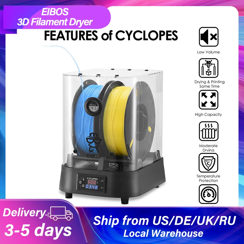 Best EIBOS ثلاثية الأبعاد خيوط مجفف صندوق مطبوع كبير خيوط المنزل 100 واط مكواة شعر بمعامل درجة الحرارة الإيجابي في الوقت الحقيقي الرطوبة Monit ثلاثية ال...