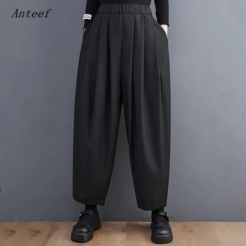 

Хлопок больших размеров винтажные эластичные высокие талии карманные случайные свободные весенние осенние штаны Harem брюки женщины брюки 2023 одежда Streetwear