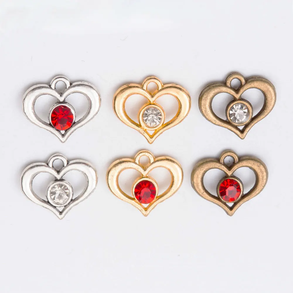 

20pcs 13*18mm Love Heart & Rhinestone Charms Pendant 3 Colors Craft DIY Necklace Bracelet Jewelry Making Accessories