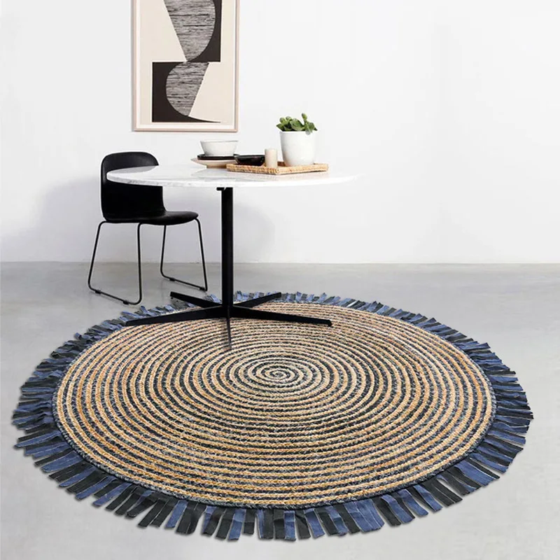 

Handwoven Jute Rug Living Room Carpet with Fringe Tassel French Home Country Style Hotel Bedside Round Floor Mat