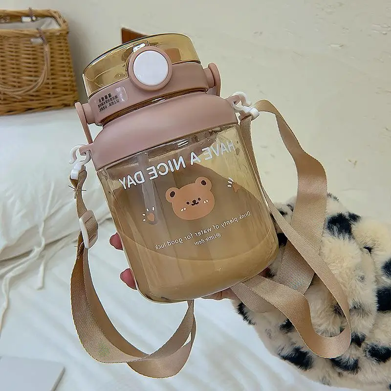 

1300ml Straw Sports Water Bottle Summer Girls Large Capacity Water Bottle Portable Cute Bear Backpack Double Drinking Water Cup
