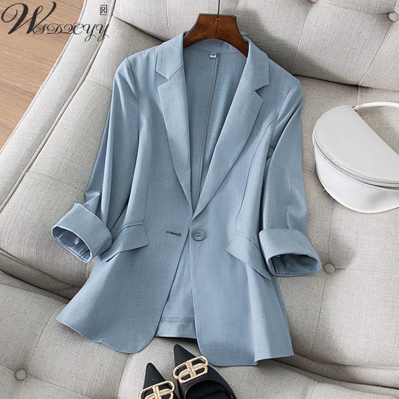 

Женский винтажный пиджак, Тонкий Блейзер с рукавом три четверти, однотонная верхняя одежда в офисном стиле, повседневные топы, весна-лето