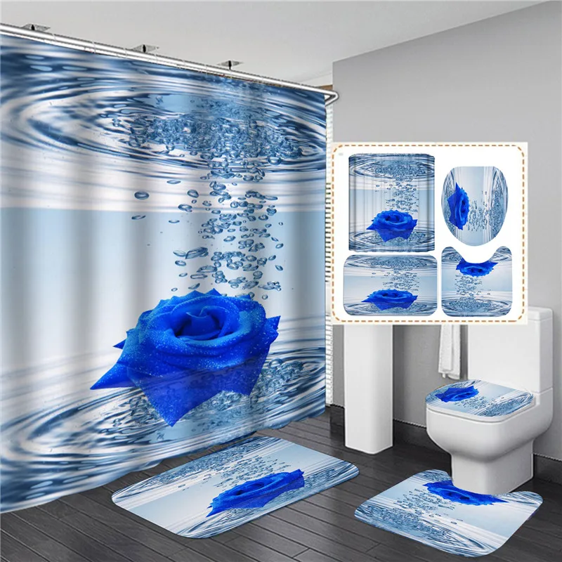 

Blue Red Pink Rose Print Shower Curtain with Hooks, Bathroom Mat Set Anti-slip Soft Bath Carpet Lover Valentines Home Decoration