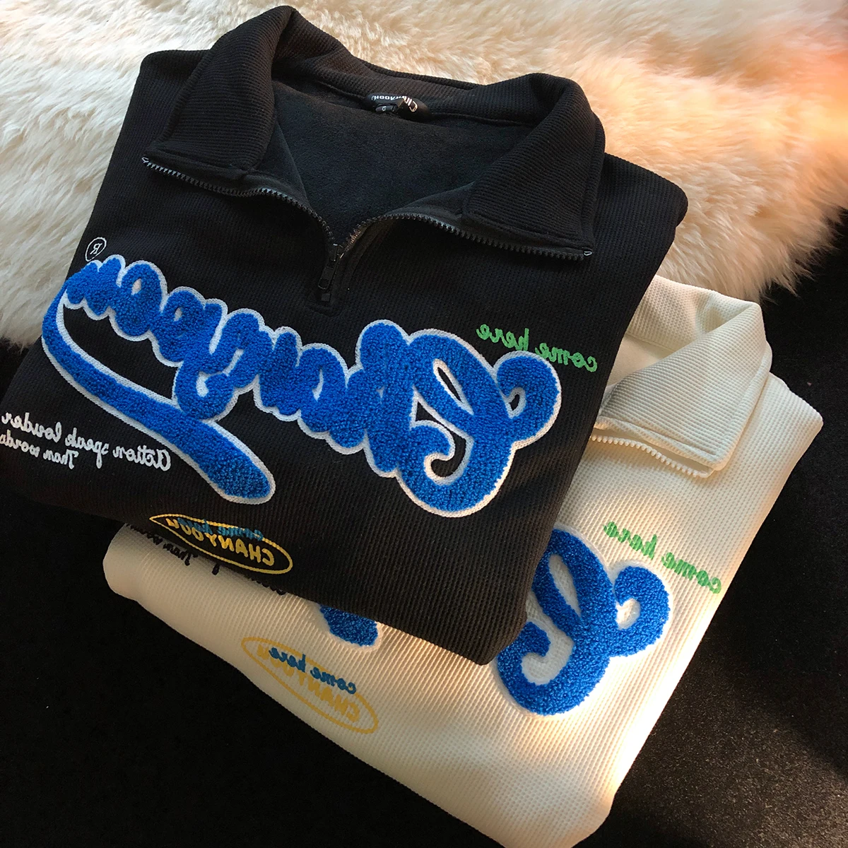 

Свитшот с вышивкой в стиле хип-хоп для мужчин и женщин, рубашка-поло абрикосового и черного цвета, пуловер оверсайз в Корейском стиле, зимняя...