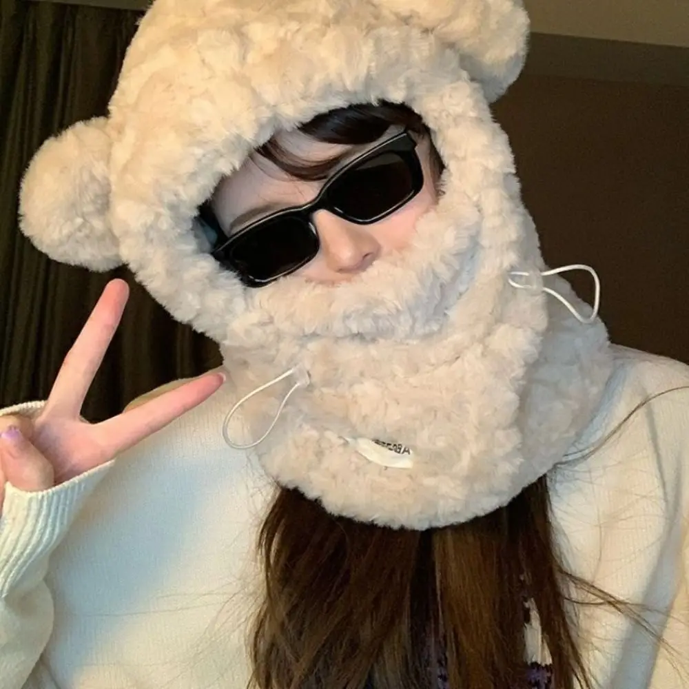 Элегантная плюшевая шапка с медвежьими ушками утолщенная на шею шарф капюшоном