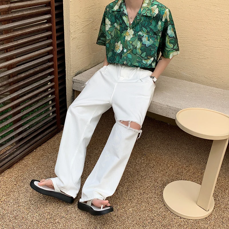 Summer White Baggy Jeans Men Fashion Oversized Wide Leg Jeans Mens Streetwear Korean Loose Hole Straight Denim Trousers Men