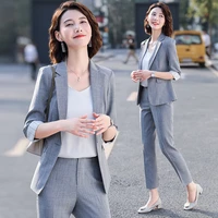 korean grey women summer pants suits fashion temperament professional blazer and trousers office ladies fruit green work wear