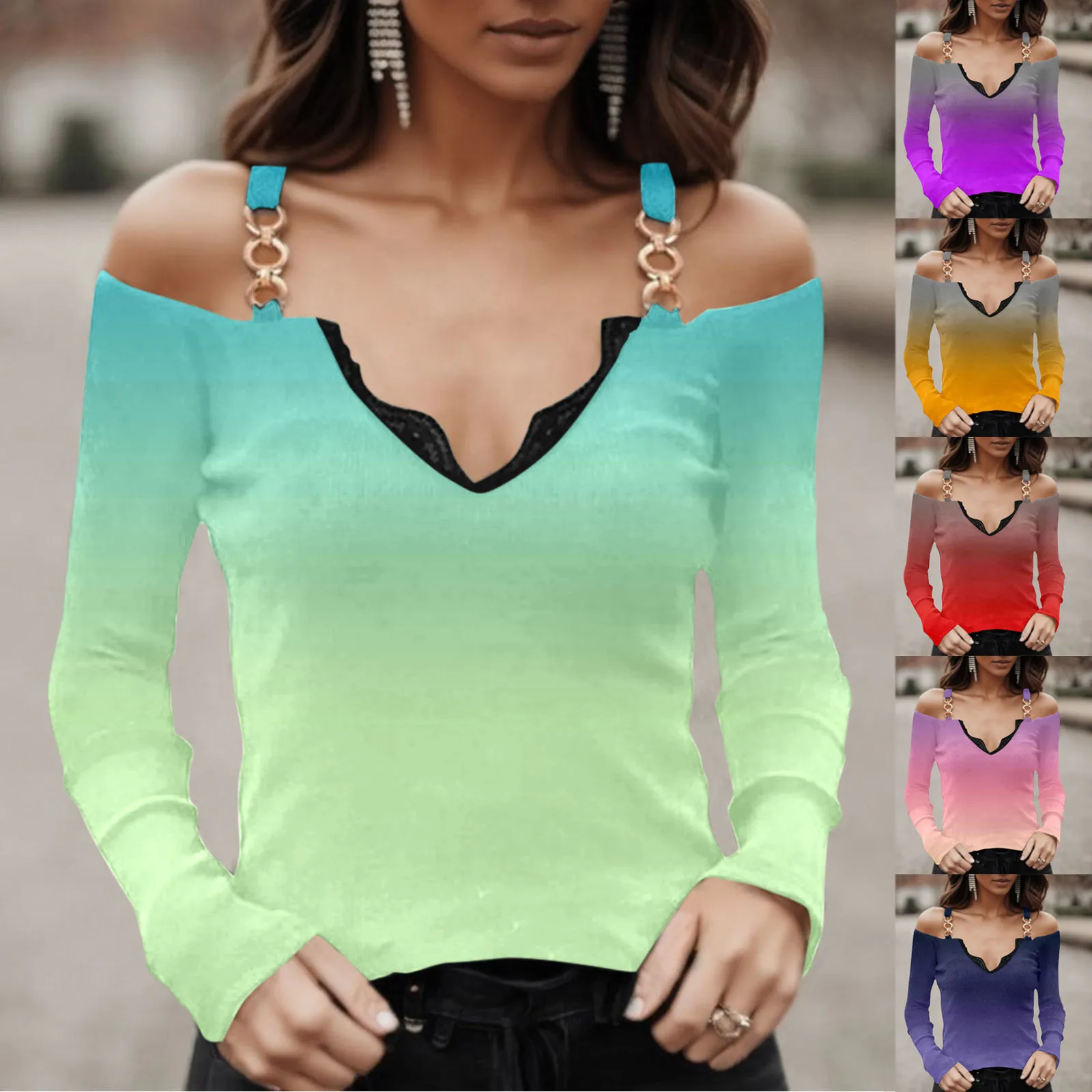 

Lace V Neck T Shirt For Women Buckle Suspenders Slim Fit Long Sleeved Tee Tops Sexy Color Gradient Cold-Shoulder Shirt Camiseta