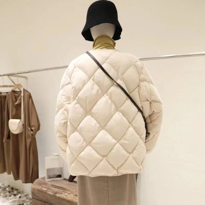 Baseball Clothes All-Match Simple Stylish O-neck Outwear White Duck Down Casual Jackets Solid Tops Warm Women Coat Loose Thicken
