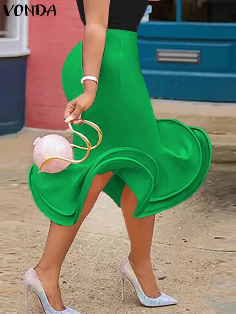 

VONDA Summer Women Mermaid Skirts 2022 Fashion Elastic Hips High Waist Fishtail Skirts Casual Solid Ruffled Elegant Party Bottom