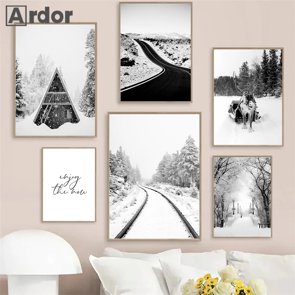 Черный белый зимний пейзаж постер снежный лес хижина рельс лижный подъемник
