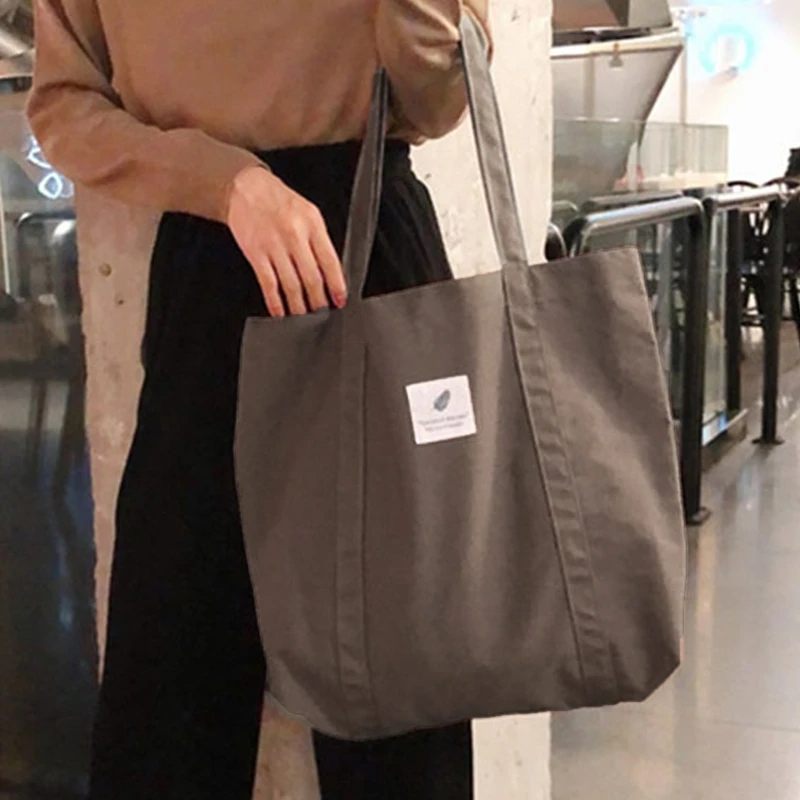 

Retro Women Canvas Handbag Simple Solid Color Female Shoulder Bag Reusable Tote