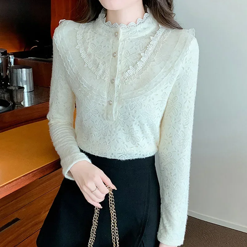 Модная женская блузка с воротником-стойкой кружевная длинным рукавом бархатная