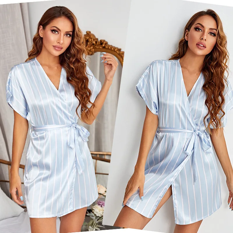 

Summer New Ice Silk Robe Gown for Women Short Sleeve Komono Bathrobe V-Neck Striped Sleepwear Loose Home Dress Casual Pyjamas