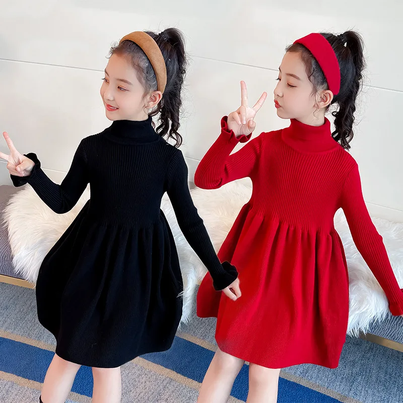 

Baby Girls Sweaters Dress 2023 Autumn Winter Girls Long Sleeve Knitted Dresses Turtleneck Kids Party Clothes 3 4 5 6 7 Years