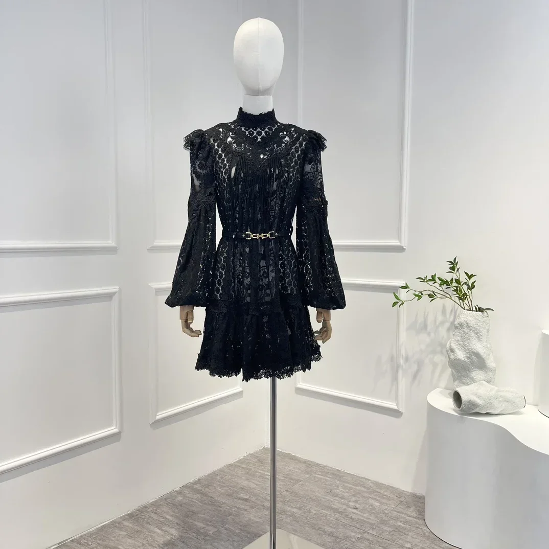 

Big Promotion 2022 Spring Autumn Top Quality Black Beige Orange Hook Flower Hollow Mini Dress for Women