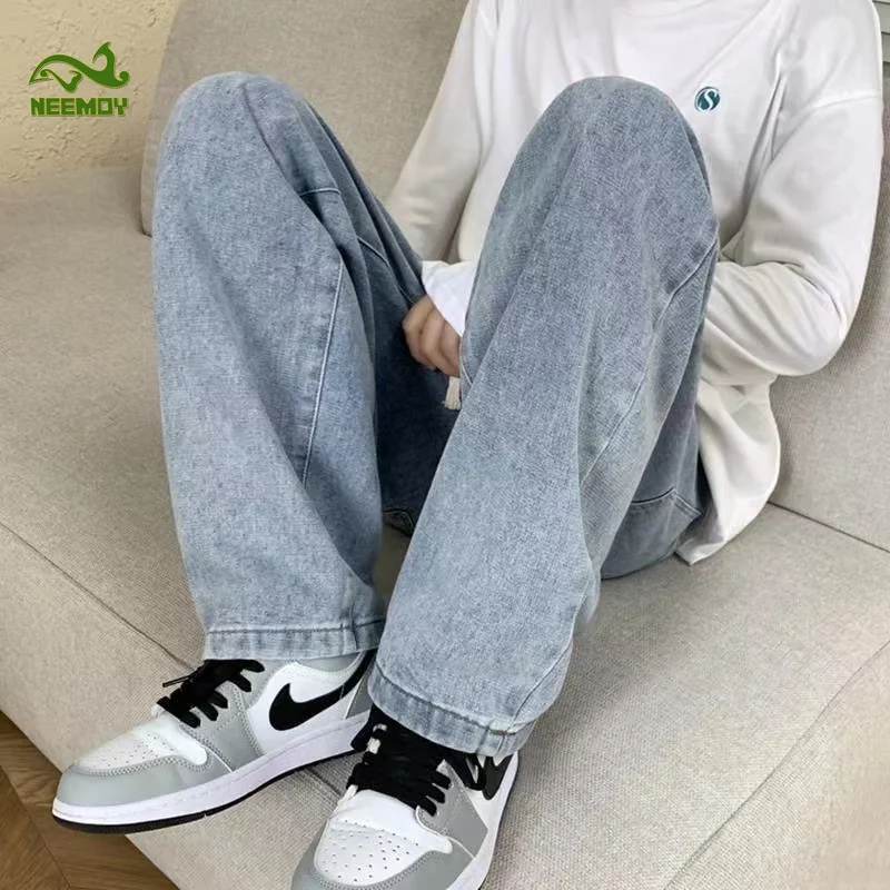 Neemoy Casual Baggy Jeans Men's Korean Fashion Wide Leg Pants High Street Casual Loose Trousers Male Clothing Light Blue