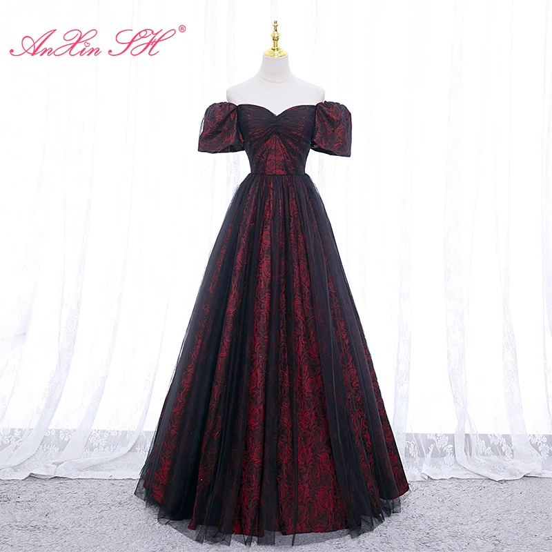 

AnXin SH princess wine red rose satin black lace boat neck puff sleeve lace up ball gown party host bride flower evening dress