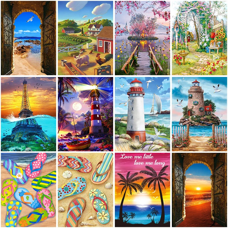 

DIY 5D Diamond Painting Summer Beach Sunset Embroidery Kits Lighthouse Garden Scenery Mosaic Art Picture of Rhinestones Decor