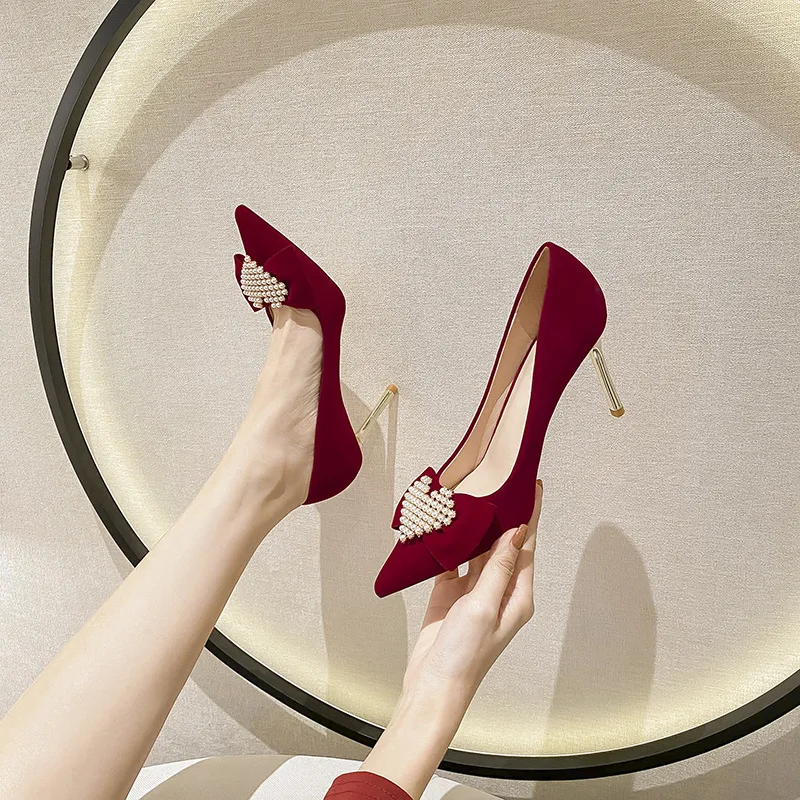 

2026 модные женские туфли на высоком каблуке, тонкие туфли на шпильке, свадебные туфли, привлекательные женские туфли с острым носком, красные туфли