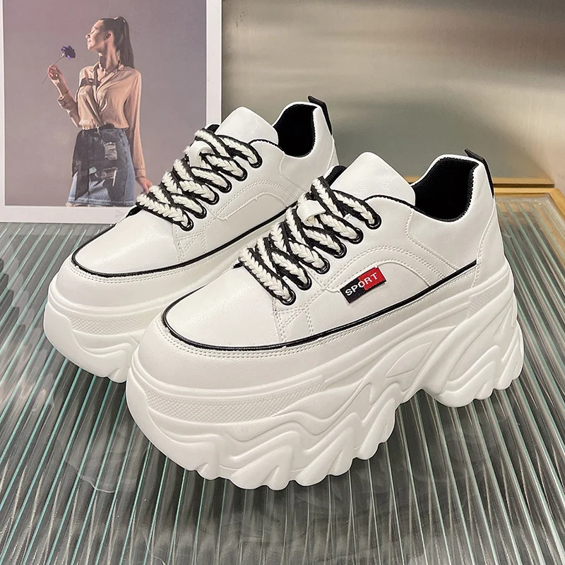 

New Women Spring Leather Sneakers High Platform Sport White Shoes Tennis Chunky Dad Shoes Woman 8CM Wedge Heels Chaussures Femme