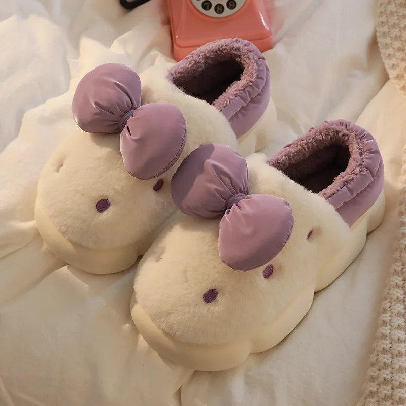 2022 Winter Cotton Flip Flops Women Home Indoor Slides For Fluffy Hairy Fur Cute Bowknot Soft Thick Slippers Funny Shoes Female