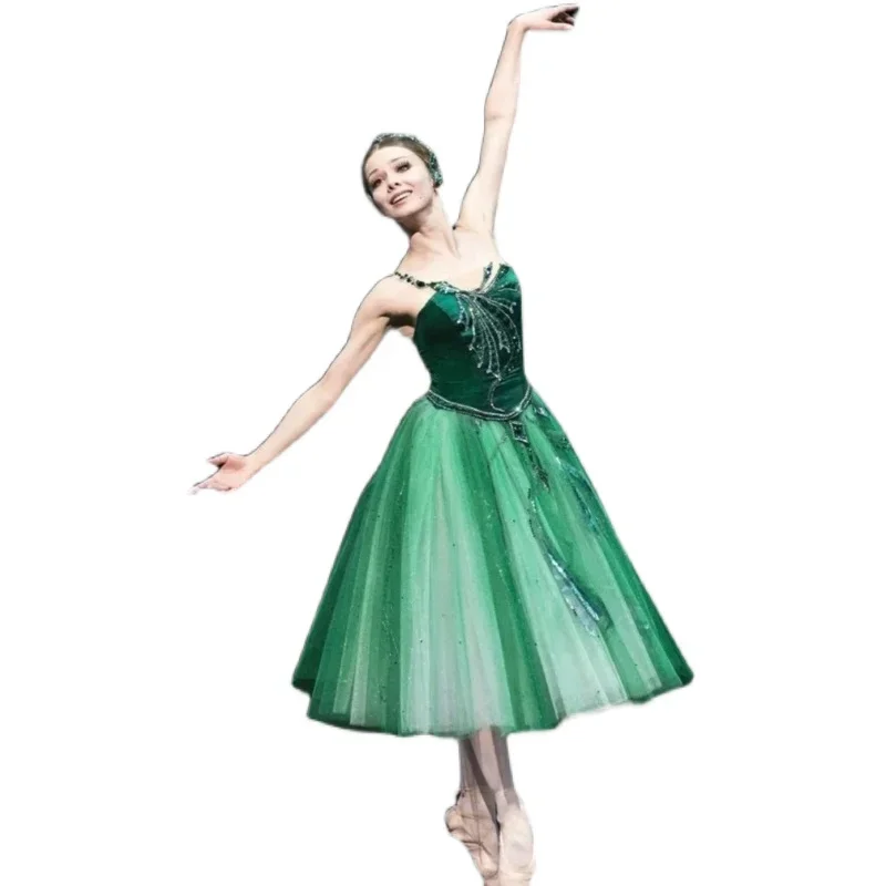 

Детская балетная юбка, платье для выступлений с лебедем и озером, Длинное Зеленое бархатное балетное платье для девочек, балетные трико для женщин, платье балерины