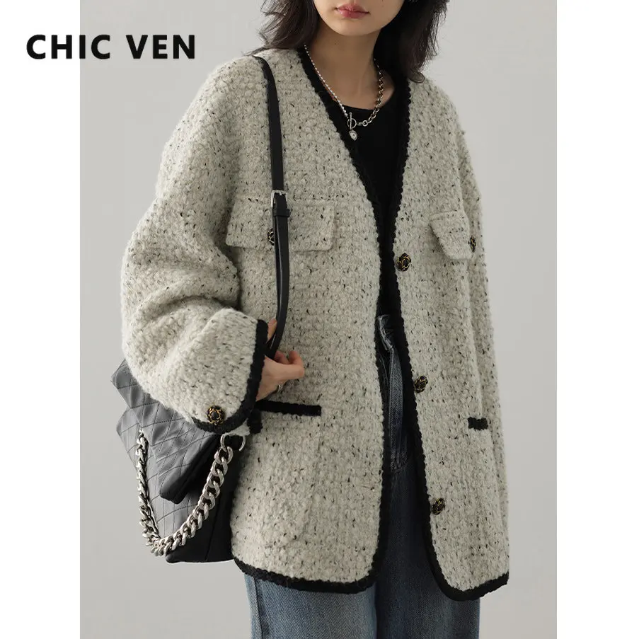 

CHIC VEN Fashion Women's Wool Coat Single Breasted Vintage Jacket V-Neck Office Lady Overcoat Female Tops Spring Autumn 2023