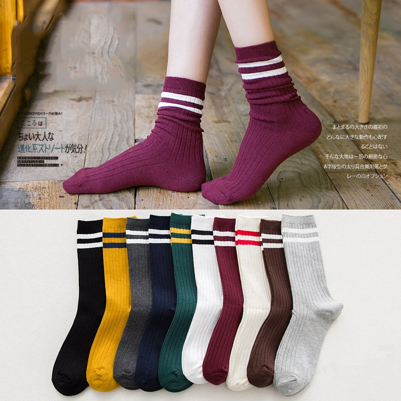 

Japanese Loose High School Girls Harajuku Cute High Socks Solid Colors Knitting Striped Cotton Lolita Kawaii Socks for Women