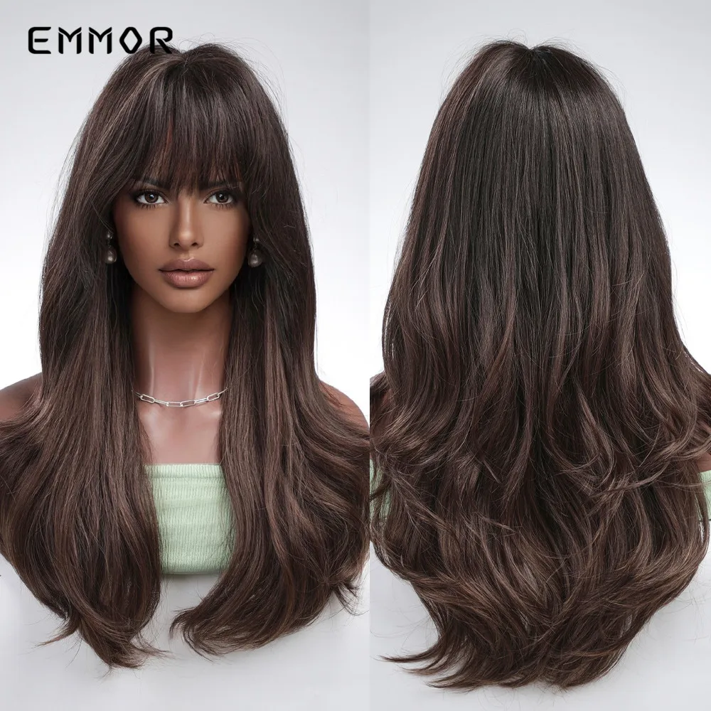 

Emmor Synthetic Ombre Brown to Black Wigs Natural Blond Wavy Hair Wig for Women Cosplay Orange-brown Daily Wigs with Bangs