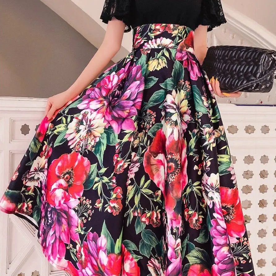 

2022 Spring Autumn Women's Fashion Retro Floral Printed Skirts Female Long A-line Skirts Ladies High Waist Loose Skirts L01