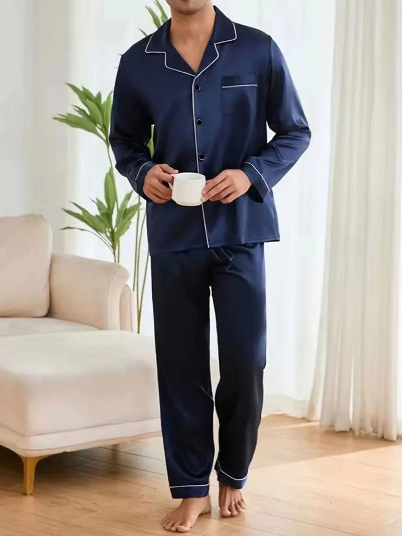 Мужской пижамный комплект шелковая атласная ночная рубашка с длинным рукавом