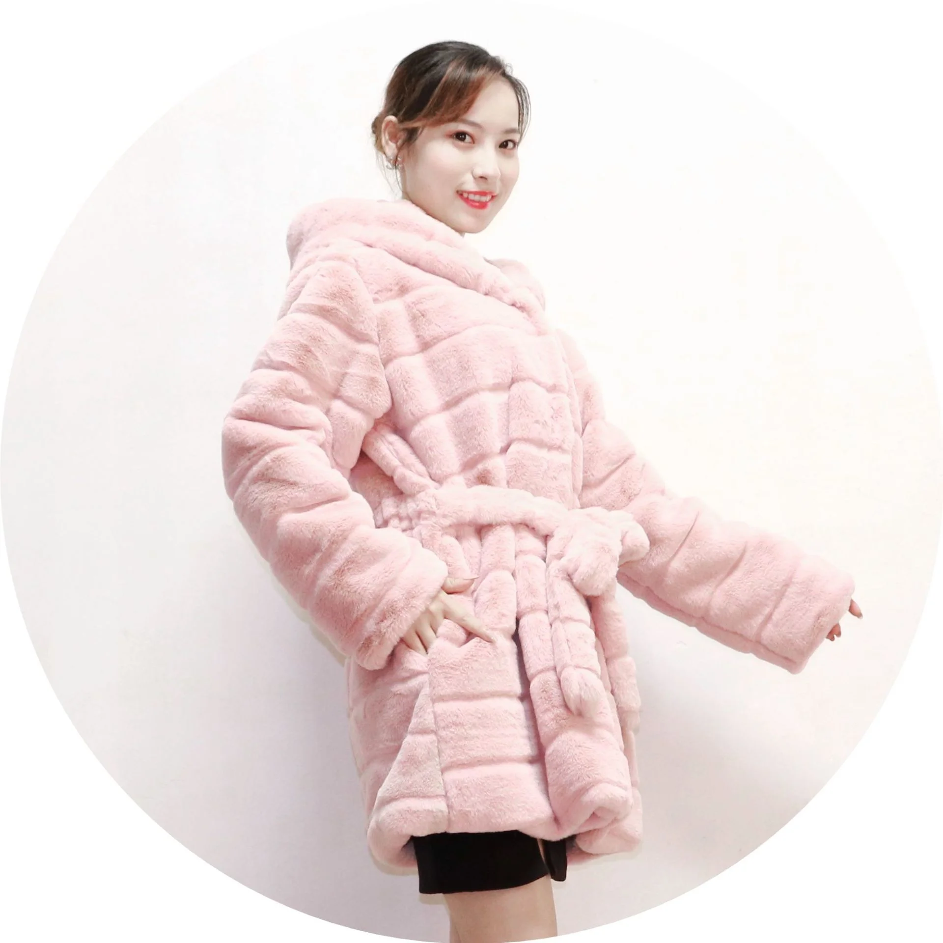 ICCLEK 2019 fur coat women's imitation rabbit fur coat hat belt imitation fur coat