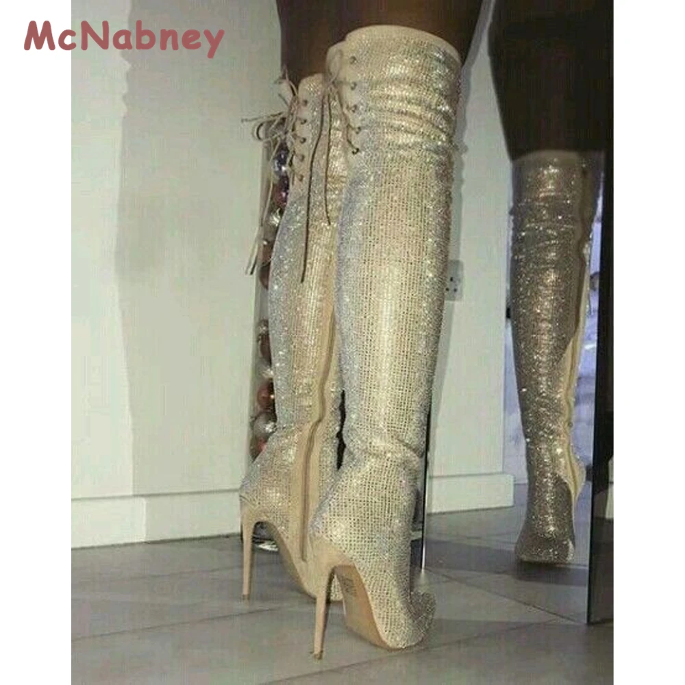 Rhinestone Women's High Boots Pointed Toe Over The Knee Boots Women Boots Lace Up High Heels Sexy Stiletto Ladies Party Shoes