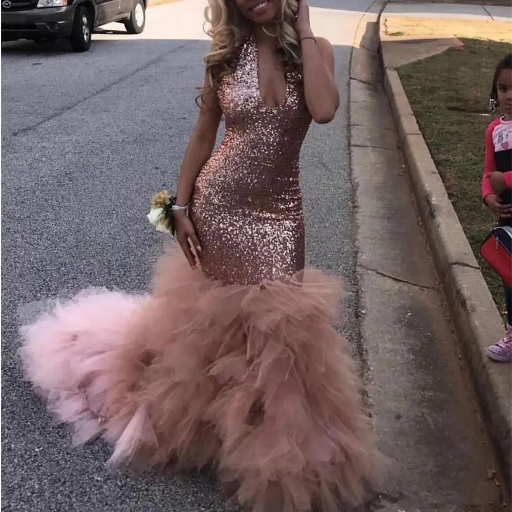 

Rose Gold Evening Dresses Sparkling Sequins Lace Tulle Mermaid V-Neck Prom Dress Vestido De Festa Women Formal Party Gowns