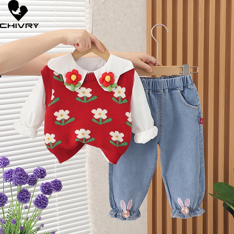 

New 2023 Autumn Kids Flower Jacquard Knit Vest Lapel Shirt with Denim Pants Jeans Baby Girls Fashion Three-piece Clothing Sets