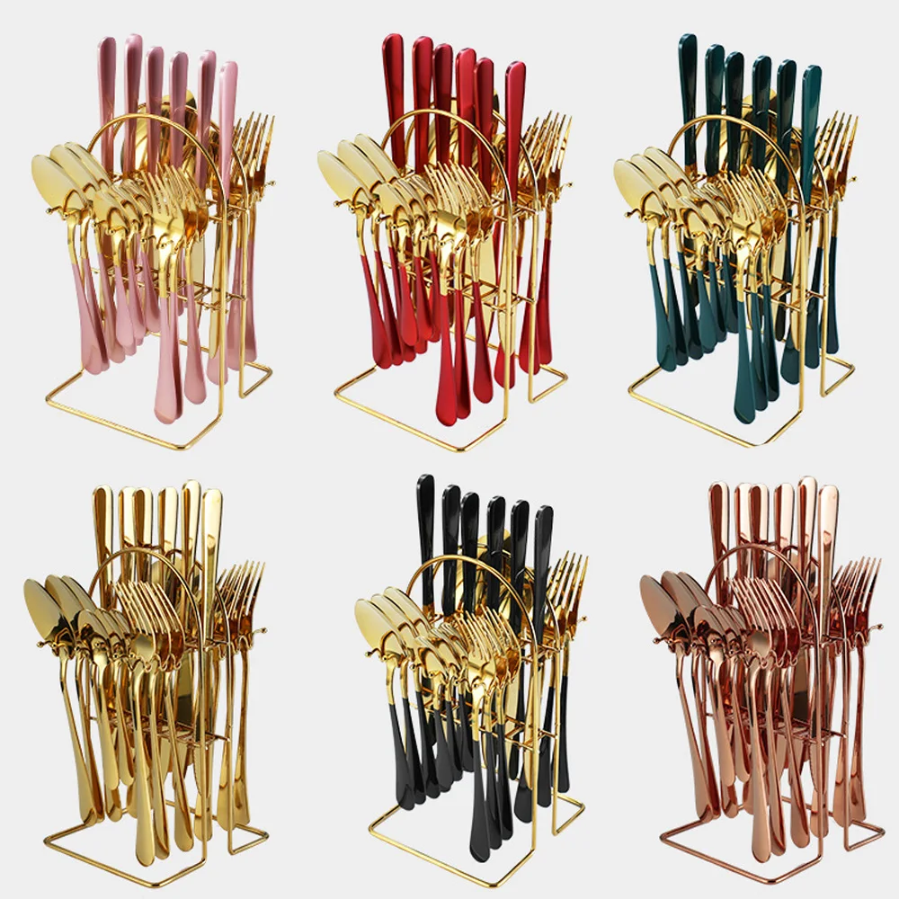 

24PC Silverware Set with Cutlery Rack Stainless Steel Flatware Cutlery Set for 6 People Dishware Kitchen Tableware Fork Set