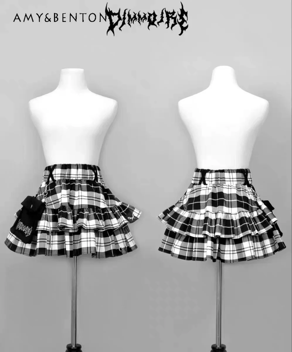 Летняя Клетчатая мини-юбка с поясом на резинке в стиле Харадзюку