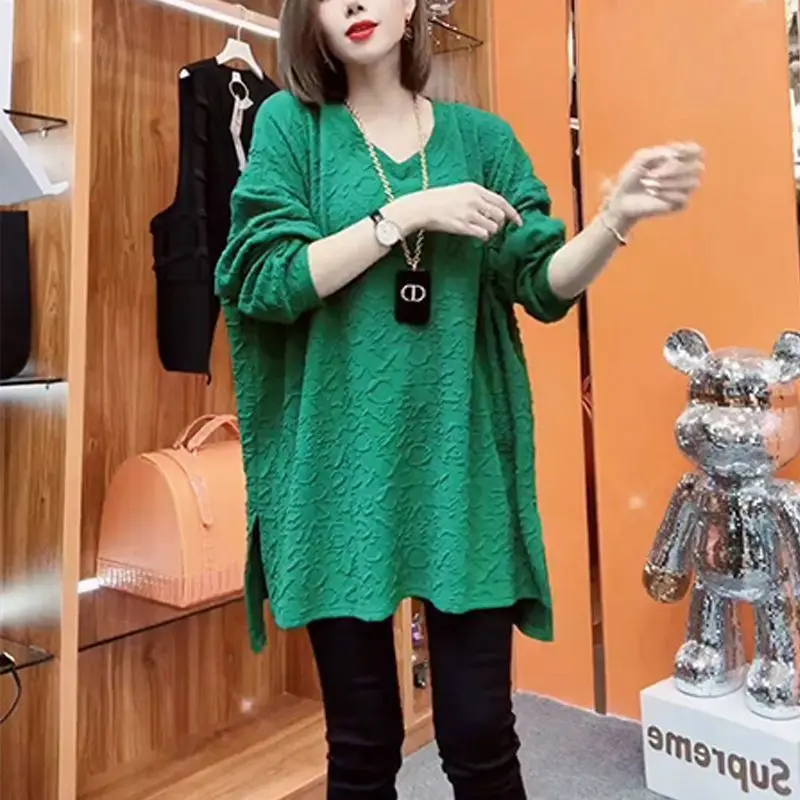 

Casual Loose All-match Midi Pullovers Fashion Letter Jacquard Weave Spring Autumn Female Clothing V-Neck Korean Split T-shirt