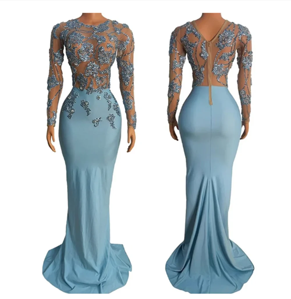 Платье со стразами и длинными рукавами сценический костюм певицы праздничная