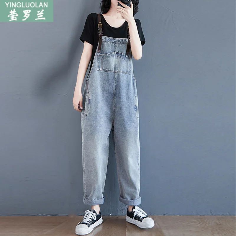 

Осенние пухлые джинсовые брюки на подтяжках для девочек, свободные брюки-шаровары, Женский Повседневный комбинезон, брюки на подтяжках