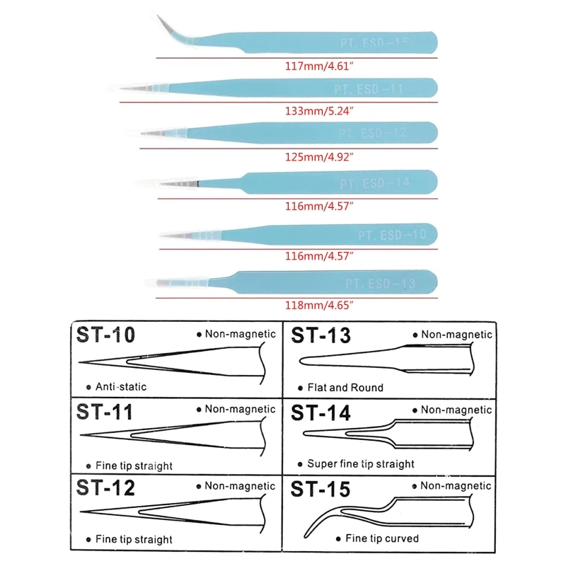 

6 Pcs Anti-static Tweezers Precision Tweezers 116mm-133mm Eyelash Extension Tweezers Stainless Steel Tweezers for DIY