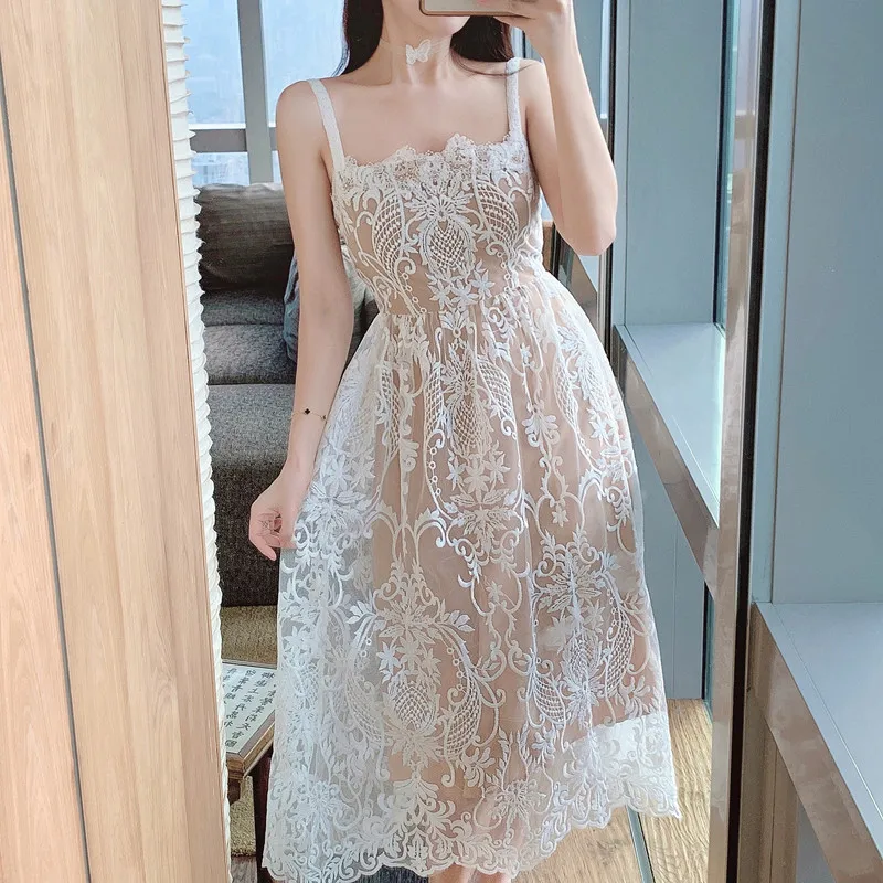 

2022 New Arrival Sexy Spaghetti Strap Lace Hollow Out Summer Dress For Women Square Collar Sleeveless High Waist Midi Dresses