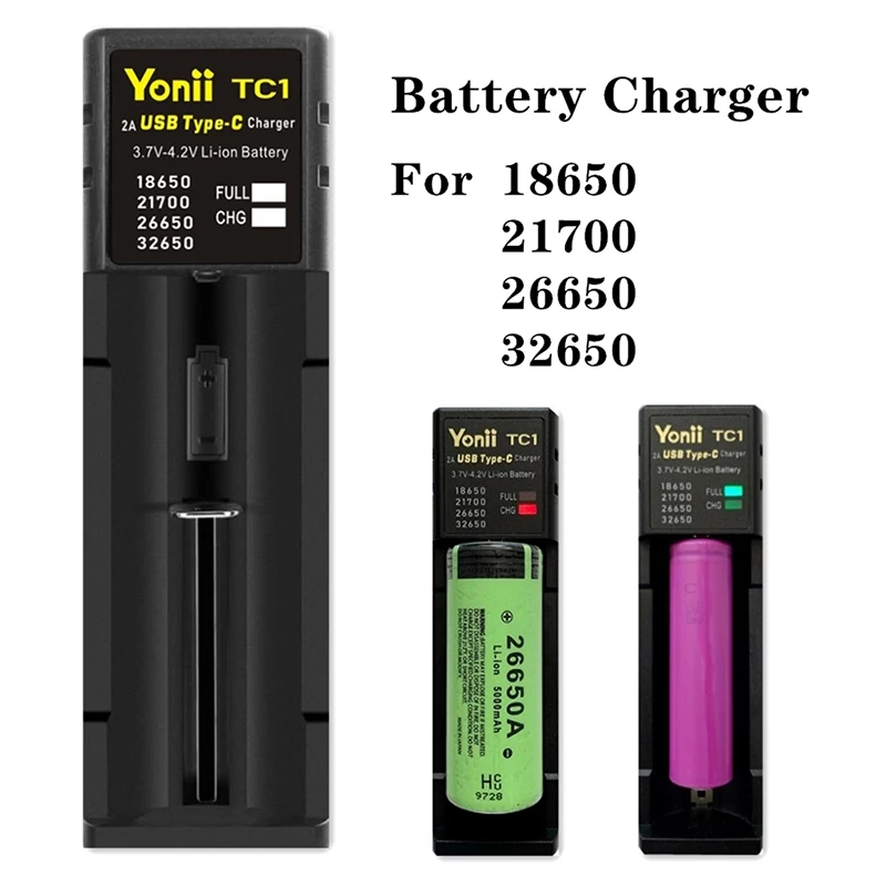 1PCS Battery Charger Adapter USB-C Smart Battery Charger Single Slots For 18650 21700 26650 32650.etc Nimh Battery