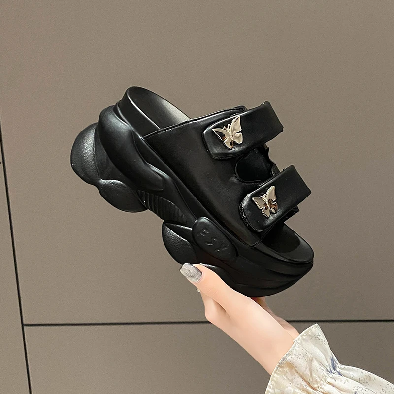 Women Slippers Summer Ladies Beach Flip-Flops Chunky Leather Shoes Wedges Heels Outside Sandals Woman High Platform Slippers 9CM