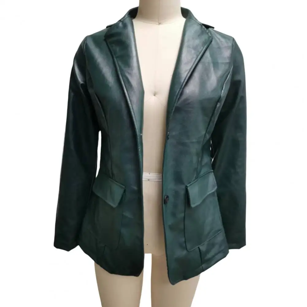 

Wear-Resistant Regular Length Office Lady Faux Leather Blazer Coat Workwear