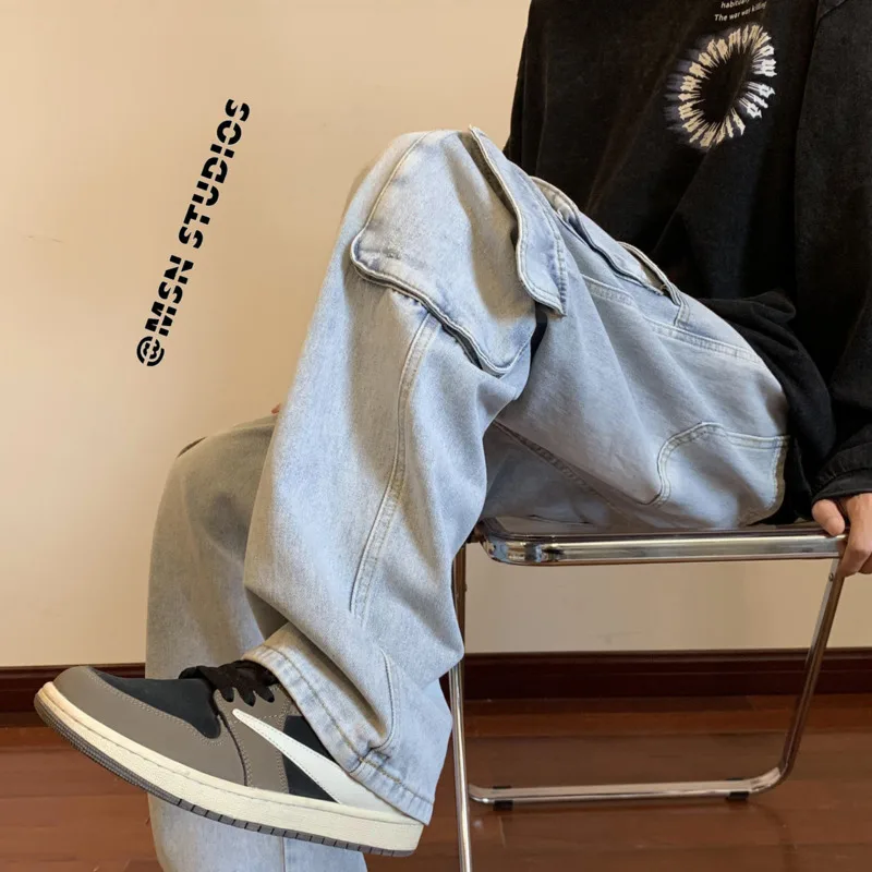 Blue Black Baggy Jeans Men Fashion Retro Pocket Cargo Jeans Men Streetwear Hip Hop Loose Straight Denim Pants Mens Trousers