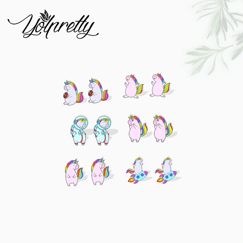 

2022 New Arrival Funny Rainbow Horse Astronaut Unicorn Epoxy Stud Earrings Handcraft Acrylic Earrings