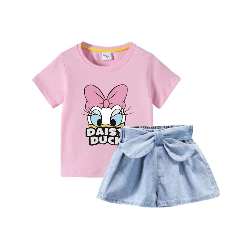 

Disney Summer Kids Clothes Daisy Duck Minnie Mouse Shirt&bow Tie Denim Shorts Two Piece Korean Pretty Toddler Girls Outfits Set