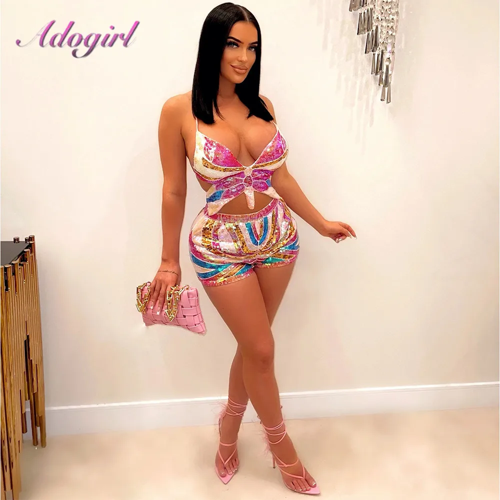 Sexy Sequin Two Piece Sets Women Summer Tracksuit 2022Halter Butterfly Crop Top Biker Shorts Suit Outfit Party Club Matching Set